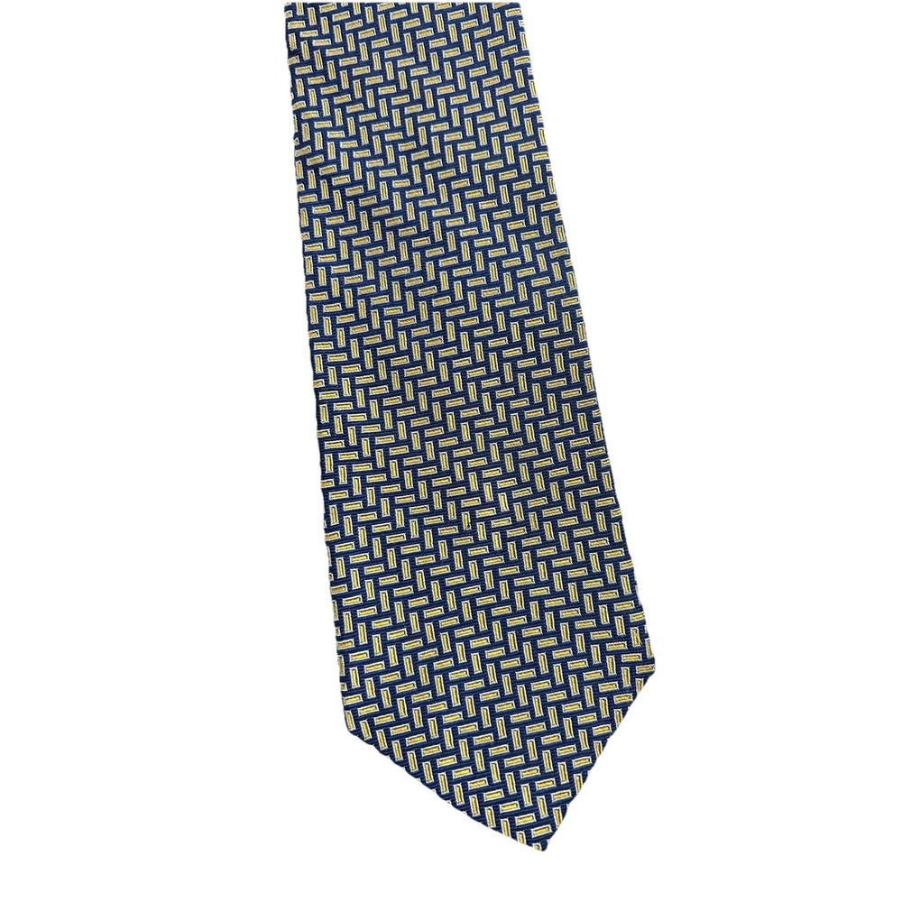VTG Lauren Ralph Lauren Silk Tie Navy Blue Gold Geometric Basketweave Made USA
